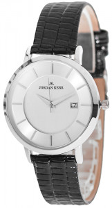 Zegarek Damski Jordan Kerr z Datownikiem - Połyskujący Skórzany Pasek w Kolorze Czarnym - Klasyczna Biała Tarcza Ze Srebrnymi Indeksami