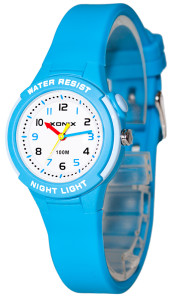 Mały Zegarek XONIX Uniwersalny Dziecięcy i Damski - Wodoszczelny 100m - Wskazówkowy z Podświetleniem - Wszystkie Indeksy Godzin Na Tarczy - Idealny Do Nauki Godzin - Rozmiar Uniwersalny, Na Najmniejszą Rękę - Niebieski