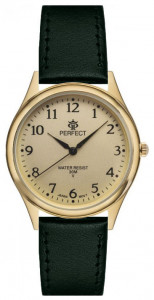 Tradycyjny Uniwersalny Zegarek PERFECT - Kontrastujące Indeksy Na Złotej Tarczy - Skórzany Zielony Pasek