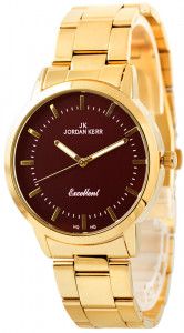Ekskluzywny Zegarek JORDAN KERR - Uniwersalny Model - Złota Bransoleta + Brązowa Tarcza - Dodający Elegancji