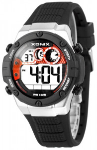 Uniwersalny Zegarek Elektroniczny XONIX Wodoszczelny 100m - Wielofunkcyjny - Stoper, Timer, Data, Podświetlenie, Druga Strefa Czasowa - Czarny + Pomarańczowe Elementy