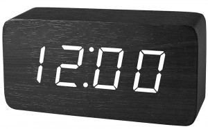 Nowoczesny Drewniany Zegarek XONIX Na Baterie - Budzik Temperatura Godzina Data - Aktywacja Głosowa Wyświetlania Wskazań - 3 Niezależne Alarmy - CZARNY