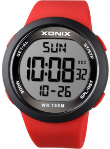 Zegarek Sportowy z Dużym Czytelnym Wyświetlaczem XONIX - Męski Młodzieżowy Damski - Wodoszczelny 100m - Wielofunkcyjny - Do Biegania i Pływania - Czerwony