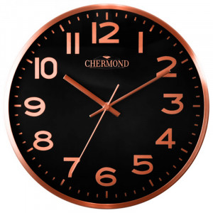Duży Zegar Ścienny Marki Chermond - Duże Indeksy Godzin w Kolorze Miedzianym Na Czarnej Tarczy - 30,4cm Średnicy - Metalowa Obudowa