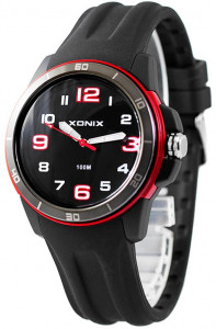 Zegarek XONIX WR100m - Męski i Dla Chłopaka - Analogowy Mechanizm + Duże Srebrne Indeksy Na Tarczy - Długi Syntetyczny Pasek - Czarny + Czerwone Elementy