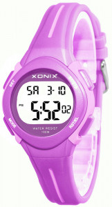 Cyfrowy Zegarek XONIX Dla Dziewczynki / Damski - Sportowy, Wodoszczelny 100m, Wielofunkcyjny - Mały Czytelny Wyświetlacz z Podświetleniem - Kolor Fioletowy - Girls