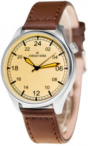 Zegarek Męski Jordan Kerr - Wyraźna Tarcza z Oznaczeniami 24 Godzinnymi - Skórzany Pasek z Obszyciem - Brązowy