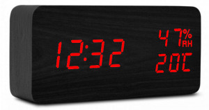 Drewniany Zegarek Budzik XONIX Na Baterie - Termometr, Wilgotnościomierz, 3 Niezależne Alarmy, Podświetlenie Sterowane Głosem - Czytelne Cyfry - Czarny