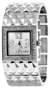 Zegarek Damski Jordan Kerr z Kwadratową Tarczą  - Duże Indeksy Wyłożone Cyrkoniami - Srebrna Pikowana Bransoleta