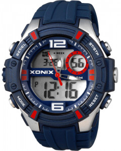 Duży Męski / Młodzieżowy Zegarek XONIX - Sportowy - Wielofunkcyjny – Stoper 100 Międzyczasów , Timer, Budzik - Cyfrowy z Podświetleniem + Wskazówki – Granatowy
