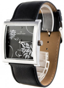 Damski Zegarek Jordan Kerr z Kwadratową Tarczą Ozdobioną Kwiatami - Czarny Skórzany Pasek - Antyalergiczny