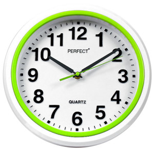 Biały Zegar Ścienny PERFECT - Zielone Dodatki - Czytelna Tarcza