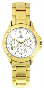 Zegarek Damski PERFECT - Błyszcząca Klasyczna Bransoleta - Elegancki Wzór - Złoty Biała Tarcza