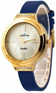 Zegarek Damski Jordan Kerr z Perłową Tarczą - Wąski Skórzany Pasek - Koperta Zdobiona Kryształkami Swarovskiego - Pasuje Na Każdą Rękę - GRANATOWY