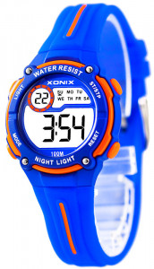 Sportowy Zegarek Elektroniczny XONIX - Wodoszczelny 100m - Uniwersalny Model - Wielofunkcyjny - Stoper, Data, Podświetlenie, Alarm - Granatowy z Pomarańczowymi Akcentami - Boys