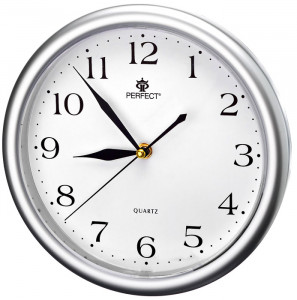 Okrągły Srebrny Zegar Na Ściane z Cichym Mechanizmem Marki Perfect - Zasilany Bateriami - Wyraźna Biała Tarcza z Czarnymi Indeksami - 25cm Średnicy