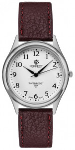 Tradycyjny Uniwersalny Zegarek PERFECT - Kontrastujące Indeksy Na Białej Tarczy - Skórzany Brązowy Pasek