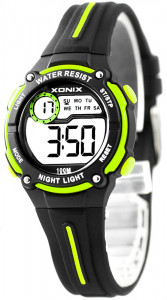 Sportowy Zegarek Elektroniczny XONIX - Wodoszczelny 100m - Uniwersalny Model - Wielofunkcyjny - Stoper, Data, Podświetlenie, Alarm - Czarny z Zielonymi Akcentami 