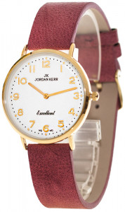 Zegarek Damski Jordan Kerr o Klasycznym, Tradycyjnym Wyglądzie - Skórzany Brązowy Pasek - Nieduża Czytelna Tarcza Ze Złotymi Indeksami