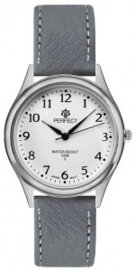 Tradycyjny Uniwersalny Zegarek PERFECT - Kontrastujące Indeksy Na Białej Tarczy - Skórzany Szary Pasek