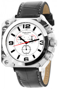 Zegarek Charles Delon z Dużą, Masywną Kopertą - Długi Skórzany Pasek - Czarny z Białą Tarczą - Uniwersalny