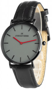 Uniwersalny Zegarek Jordan Kerr - Tłoczony Skórzany Pasek - Czarny z Szarą Tarczą + Czerwone Wskazówki - Model Bez Sekundnika