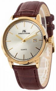 Szykowny Zegarek Jordan Kerr z Datownikiem - Brązowy Tłoczony Pasek z Obszyciem - Uniwersalny Model Na Średnią Rękę