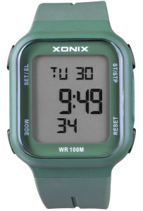 Sportowy Zegarek z Krokomierzem XONIX - Uniwersalny Model - Wbudowana Bateria - Termometr - Wodoszczelność 100m - Prostokątny Duży Wyświetlacz Elektroniczny - Termometr - Kolor Zielony