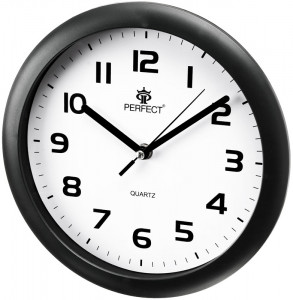 Klasyczny Zegar Ścienny PERFECT - Biała Tarcza z Czarnymi Cyframi - Analogowy Na Baterie - Do Pokoju Gabinetu Kuchni Sypialni - 25cm - Czarny