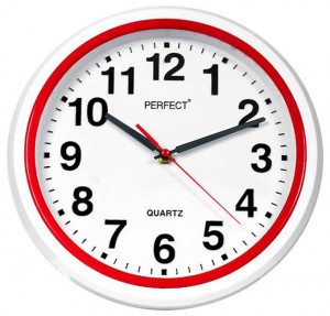 Biały Zegar Ścienny PERFECT - Czerwone Dodatki - Czytelna Tarcza