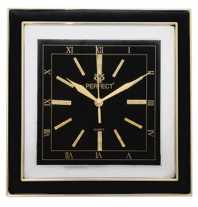 Kwadratowy Zegar Ścienny PERFECT - Rzymskie Cyfry - Elegancki - Styl Retro - Czarny Ze Złotymi Elementami