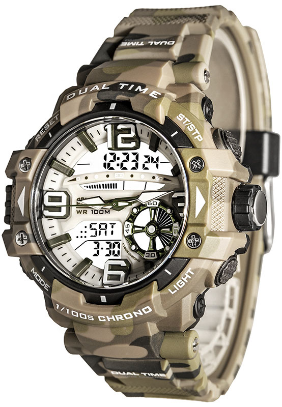 Gigantyczny Zegarek Męski OCEANIC Dragon LCD/Analog WR 100M Wiele Funkcji - 5x Alarm, Pace - Stymulator Ćwiczeń, Stoper, Timer - Militarny - Kamuflaż - MILITARY