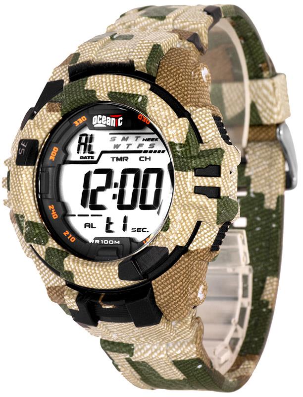 Zegarek Sportowy OCEANIC - Wzór Militarny - Męski i Dla Chłopaka - Elektroniczny z Podświetleniem - Lekki - Wodoszczelny 100m - Wielofunkcyjny - Data, Alarm, Stoper, Drugi Czas - Kamuflaż Moro - MILITARY